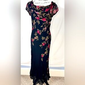 PARADISE NY vintage Black Floral Bias Beaded Maxi Dress Whimsigoth Fairy Medium